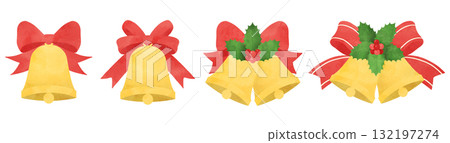 聖誕鈴鐺套裝。聖誕節的鈴鐺、冬青和緞帶的水彩插圖。 132197274