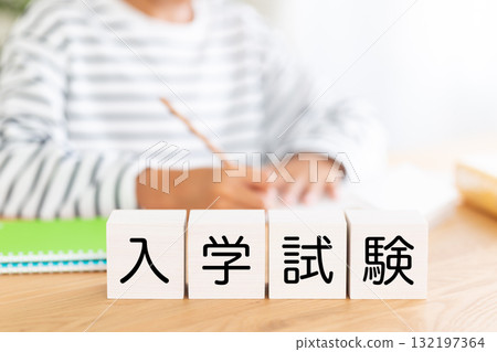 Entrance exam blocks and elementary school boy studying Entrance exam blocks and elementary school boy studying 132197364