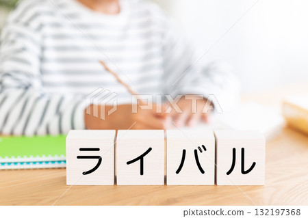 An elementary school boy studying with his rival block An elementary school boy studying with his rival block 132197368