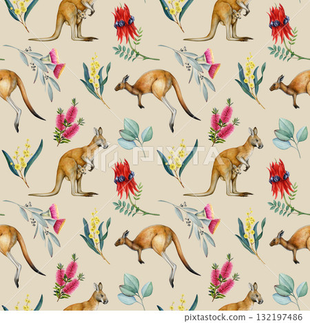 Kangaroo with Australian flora elements hand drawn seamless pattern element. Cute kangaroos with Australia native flowers seamless pattern design for packaging and wrapping paper 132197486