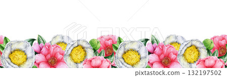 Blooming camellia flowers seamless border decor on white background. Hand drawn vintage style botanical watercolor illustration. Tender pink and white camellia blossoms seamless border decoration Blooming camellia flowers seamless border decor on white background. Hand drawn vintage style botanical watercolor illustration. Tender pink and white camellia blossoms seamless border decoration 132197502