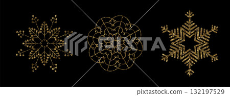 Merry Christmas 2026. Exquisite golden snowflakes made of sparkling tinsel Merry Christmas 2026. Exquisite golden snowflakes made of sparkling tinsel 132197529