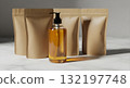 Brown paper pouches and a clear bottle of liquid on a marble surface Brown paper pouches and a clear bottle of liquid on a marble surface 132197748