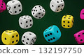 Colorful dice rolling on a dark green background, perfect for games and gambling Colorful dice rolling on a dark green background, perfect for games and gambling 132197750