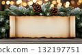 Christmas scroll with pine cones and evergreen branches on a wooden table Christmas scroll with pine cones and evergreen branches on a wooden table 132197751