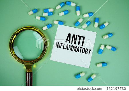 Anti Inflammatory text written on paper card with magnifying glass and medicine capsule on green background 132197780