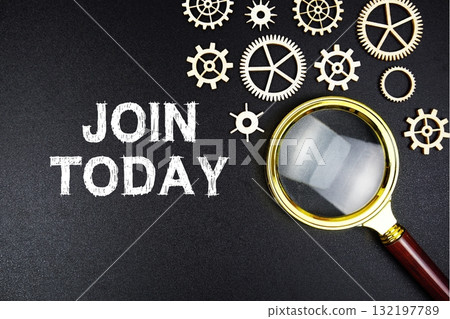 Join Today text message with magnifying glass on black background Join Today text message with magnifying glass on black background 132197789