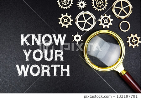 Know Your Worth text message with magnifying glass on black background 132197791