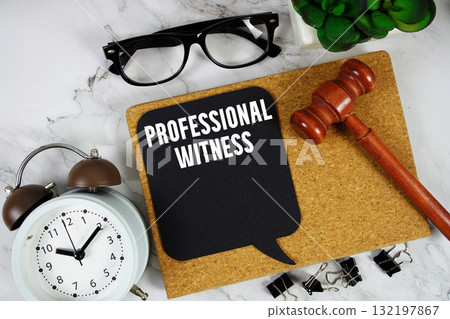 Professional Witness text on speech bubble with alarm clock and wooden gavel on marble background 132197867