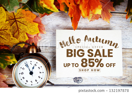 Hello Autumn Big Sale 85% off   Special Offer with maple leaf decoration on wooden background 132197878
