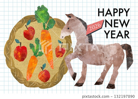 Stylish New Year's card template for 2026 featuring a horse, apple, and carrot paper-cut style illustration Stylish New Year's card template for 2026 featuring a horse, apple, and carrot paper-cut style illustration 132197890