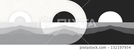 A minimalist abstract representation of a sunrise or sunset over a landscape using contrasting black and white tones to depict light and shadow 132197934