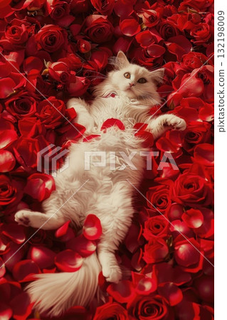 white cat on red rose petals 132198009