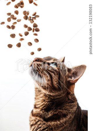 cat playing with cat food white background cat playing with cat food white background 132198083