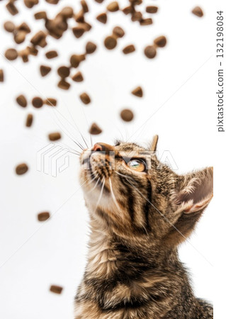 cat playing with cat food white background 132198084
