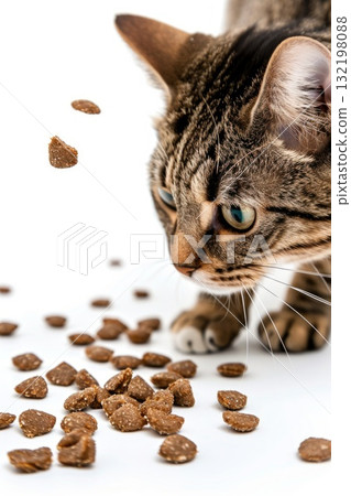 cat playing with cat food white background 132198088