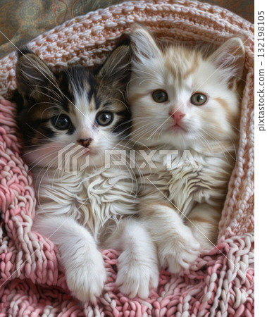 adorable kitten laying on a bed with a pink croched blanket 132198105