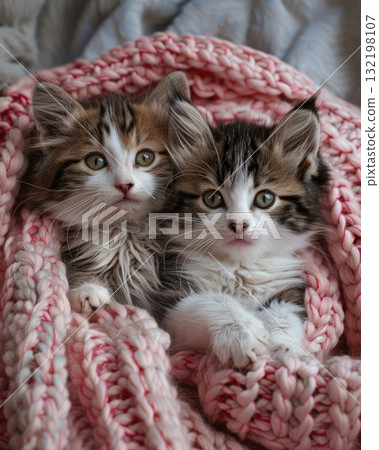 adorable kitten laying on a bed with a pink croched blanket 132198107