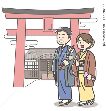 一對穿著和服的情侶今年第一次參拜神社 132198363