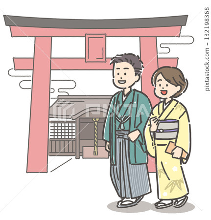 一對穿著和服的年輕夫婦參觀神社 一對穿著和服的年輕夫婦參觀神社 132198368
