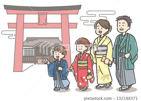 一家人穿著和服去參拜神社 132198371