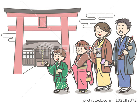 第一次穿著和服參拜神社的一家人 132198372