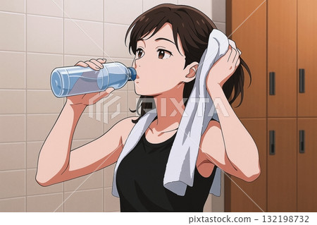 一名女子訓練後補充水分，休息片刻 132198732