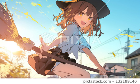 Smiling witch girl flying on a broom under the... - Stock Illustration ...