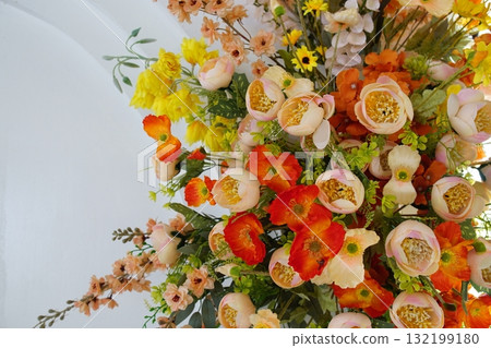Beautiful Artificial flowers bouquet with space copy background Beautiful Artificial flowers bouquet with space copy background 132199180