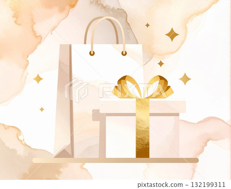 帶有金絲帶和閃光的華麗禮品盒和購物袋的插圖 132199311