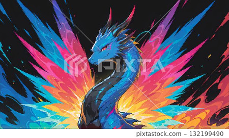 標誌性的、色彩鮮豔的、深色像素化的藍龍插圖 132199490