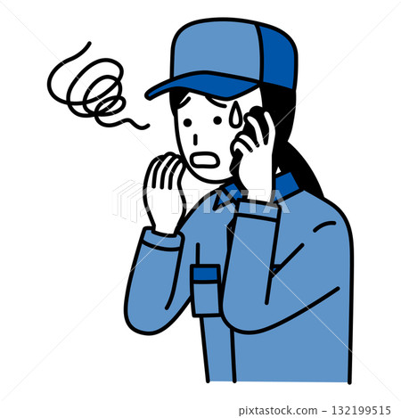 一名身穿工作服的女子因智慧型手機上的來電而感到困惑 132199515