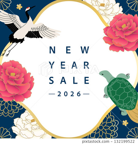 Crane, turtle and peony frame background_navy blue 132199522