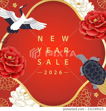 鶴、龜、牡丹相框背景_紅色 132199523