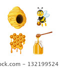 A set with honey, pieces of honeycomb, a beehive, a flying bee, a glass jar with honey dripping on a stick, puddles and drops of honey 132199524