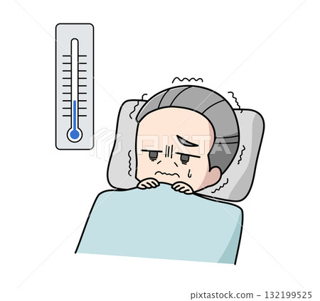 Illustration of an elderly man who cannot sleep because of the cold Illustration of an elderly man who cannot sleep because of the cold 132199525