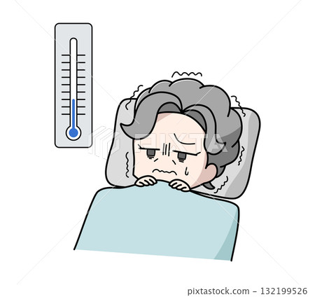 Illustration of an elderly woman who cannot sleep because of the cold Illustration of an elderly woman who cannot sleep because of the cold 132199526