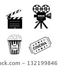 Movie theater icon set. Popcorn box packaging, ticket. Open clapperboard. Ticket. Camera, film reels, video. 132199846
