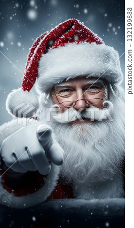 Santa Claus pointing at you with a snowy background Santa Claus pointing at you with a snowy background 132199888