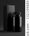 Black supplement bottle and box mockup on a dark background Black supplement bottle and box mockup on a dark background 132199889