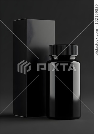 Black supplement bottle and box mockup on a dark background Black supplement bottle and box mockup on a dark background 132199889