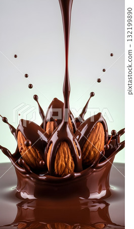 Delicious almonds being drenched in rich, flowing chocolate 132199890