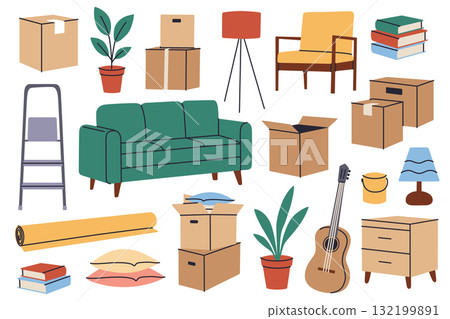 Collection of household furniture and moving items, flat cartoon vector illustration for home interior and relocation design, cozy living elements with sofa, armchair, plants, boxes and decor set 132199891