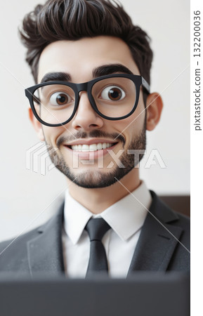 3D Character Man Working on Laptop Side View A stylized 3D male character with glasses and a beard, wearing 3D Character Man Working on Laptop Side View A stylized 3D male character with glasses and a beard, wearing 132200036