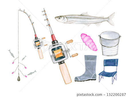 Smelt fishing fishing equipment set watercolor illustration Smelt fishing fishing equipment set watercolor illustration 132200287