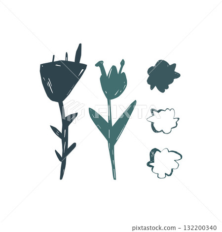 Scandinavian floral set with wildflowers and flower shapes hand drawn minimal botanical vector illustration Scandinavian floral set with wildflowers and flower shapes hand drawn minimal botanical vector illustration 132200340