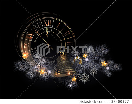 Merry Christmas. 2026. Isolated garland with an elegant gold clock 132200377