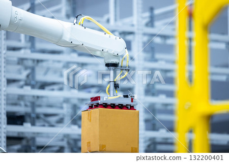Robotic arm handling boxes on pallets in automated warehouse, Logistics warehouse automation robotics, Robotic arm automated factory packing system efficient industrial box handling and logistics 132200401