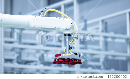 Robotic arm handling boxes on pallets in automated warehouse, Logistics warehouse automation robotics, Robotic arm automated factory packing system efficient industrial box handling and logistics 132200402
