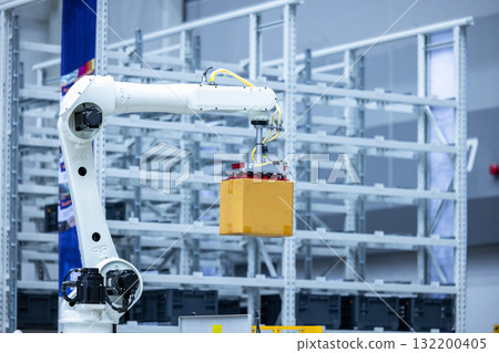 Robotic arm handling boxes on pallets in automated warehouse, Logistics warehouse automation robotics, Robotic arm automated factory packing system efficient industrial box handling and logistics 132200405
